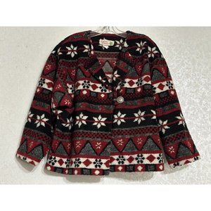 Vintage Cactus Flower Aztec Southwestern Fleece Jacket Black Red Concho Button L